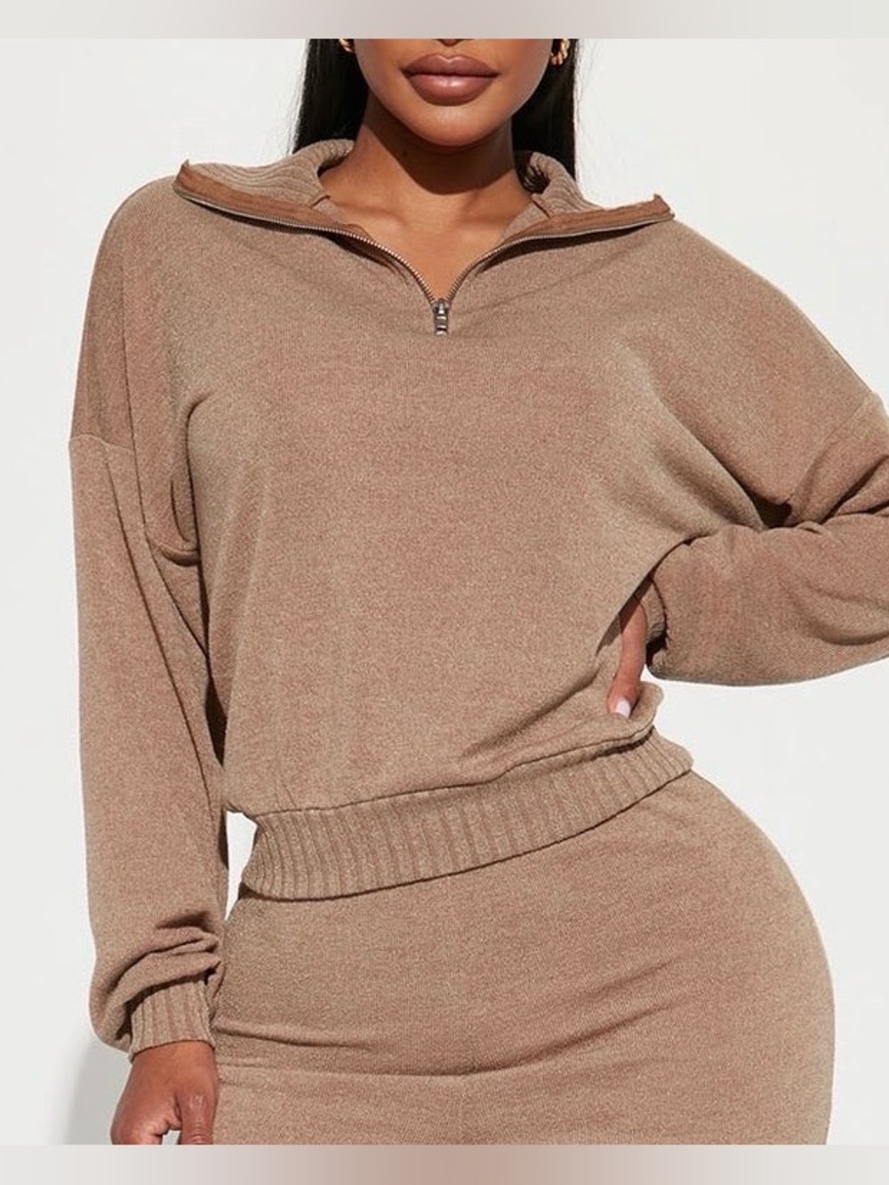 Fashion Nova Cropped Half-Zip Sweater in Taupe